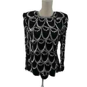 VTG Kelly’s Grace 100% Silk Beaded Blouse Size M Black Silver Beads Scalloped